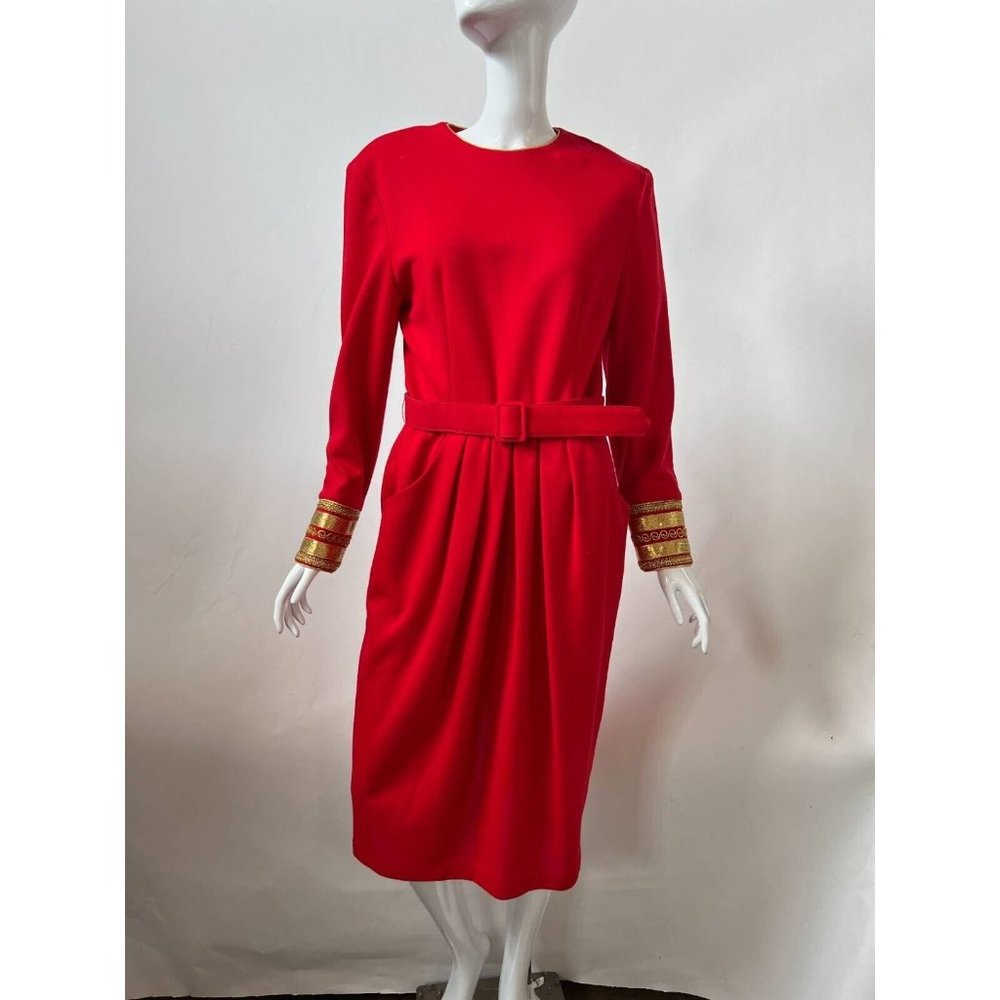 Vintage Caron Womens Dress Red Belted Pockets Back Slit Pleated Casual USA M